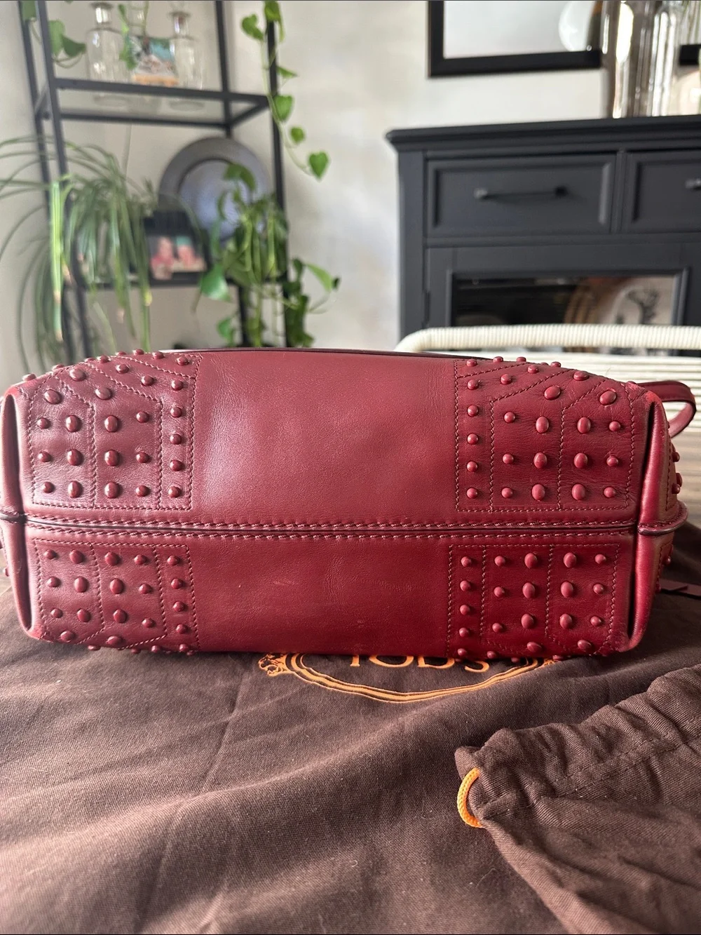 Tod's Deep Red Leather Satchel with Studded Trim